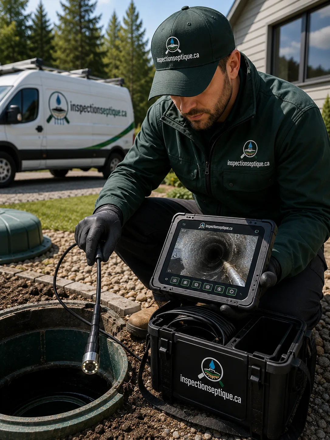 Caméra d'inspection dans un regard, écran montrant l'intérieur de la conduite